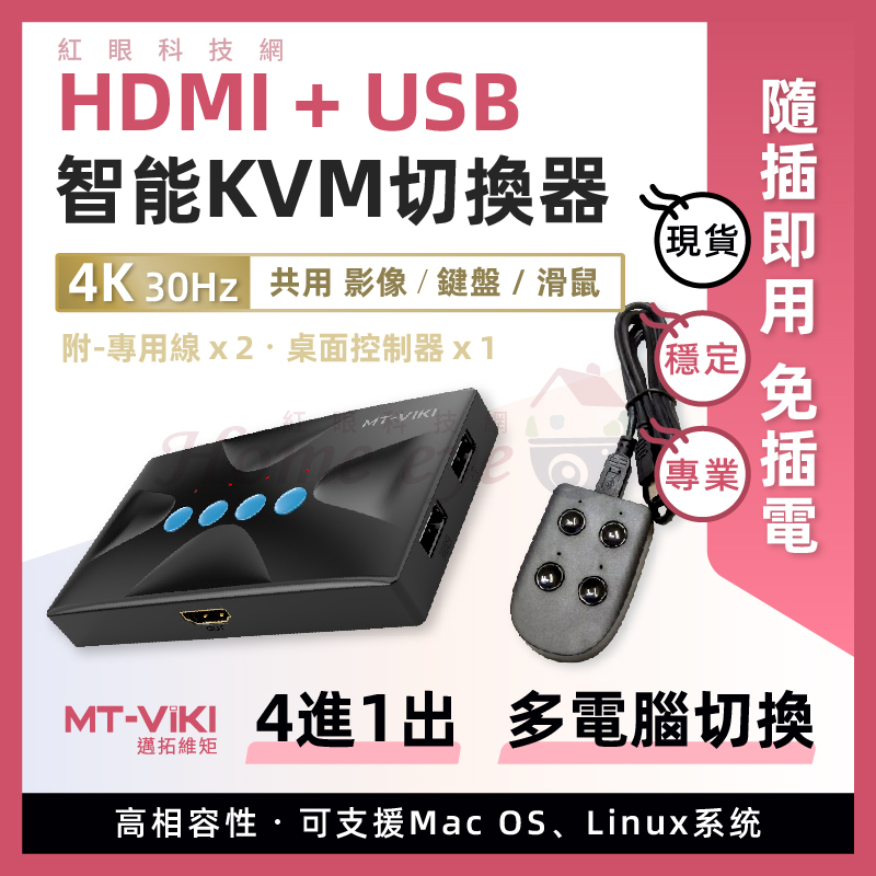 HDMI+USB 邁拓KVM切換器 4PORT 4K 30Hz 共用螢幕滑鼠鍵盤