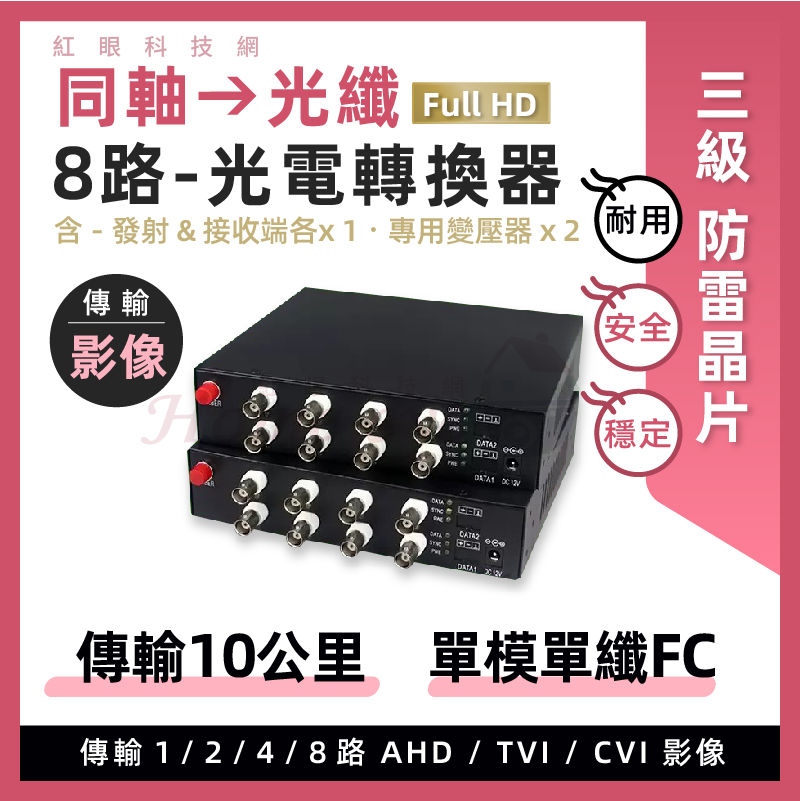 [預購]8路 純影像 光電轉換器 同軸轉光纖 單模單纖 FC 防雷晶片AHD TVI 1080P 