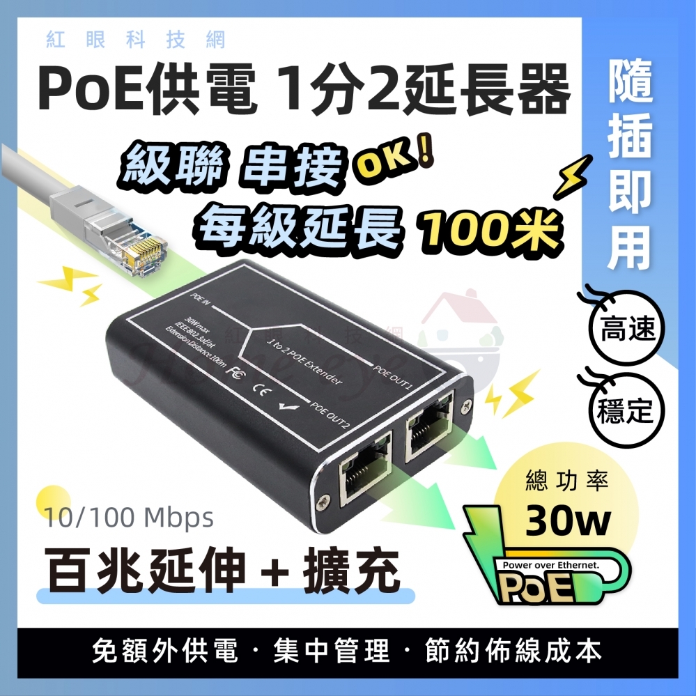 1進2出 千兆 百兆 POE延長器 可多層級聯每級100米 一分二 監控電源 網路供電延伸器 擴充器